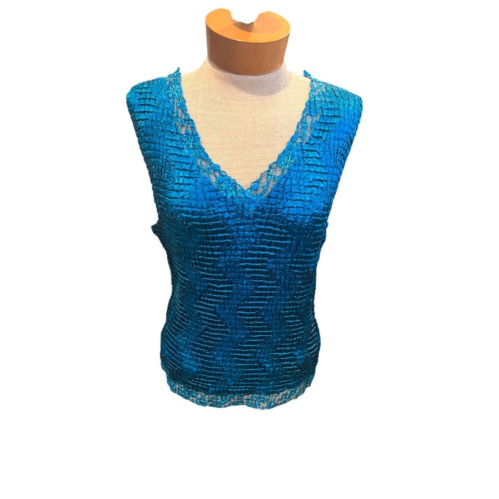 Vintage Nicola Womens Tank Top Blouse Ruched Teal Lace VNeck Size L-1X